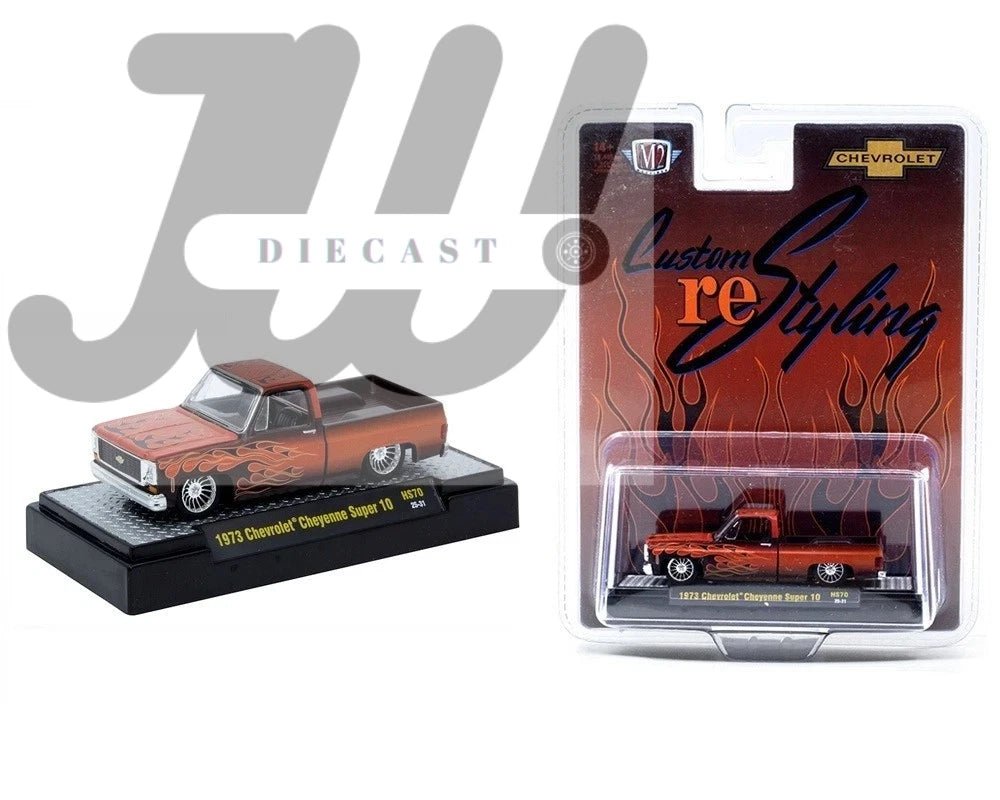 M2 Machines 1:64 1973 Chevrolet Cheyenne Super 10 Custom reStyling Brown with Flame - Jw Diecast