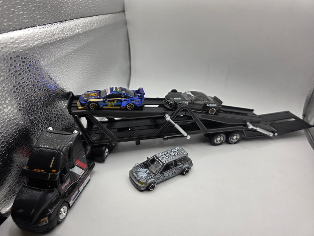 Maisto 1:64 Mack Transporter Open Trailer w/ 1993 Chevrolet 454 SS Pickup – Black – Design Transporters - Jw Diecast