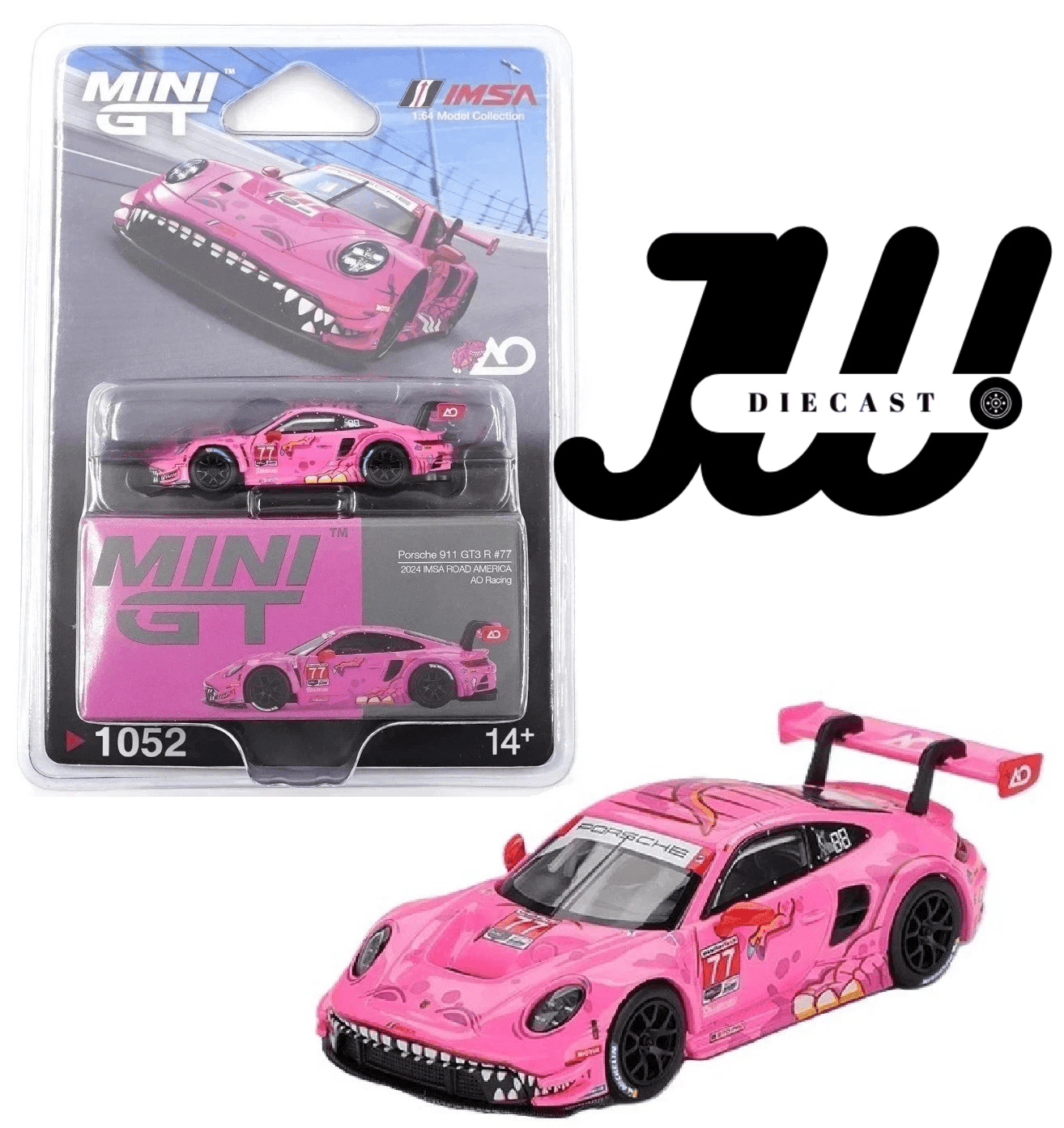 Mini GT 1:64 Porsche 911 GT3 R 77 AO Racing 2024 IMSA Road America Pink 1052 - Jw Diecast