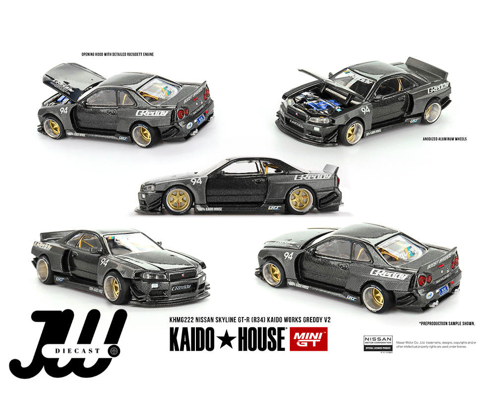 (Preorder) Kaido House x Mini GT 1:64 Nissan Skyline GT - R (R34) Kaido Works GReddy V2 – Black w/ Carbon - Jw Diecast