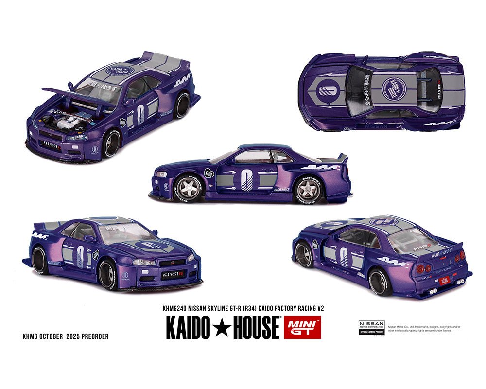 (Preorder) Kaido House x Mini GT Nissan Skyline GT - R (R34) Kaido factory Racing V2 – Midnight Purple - Jw Diecast