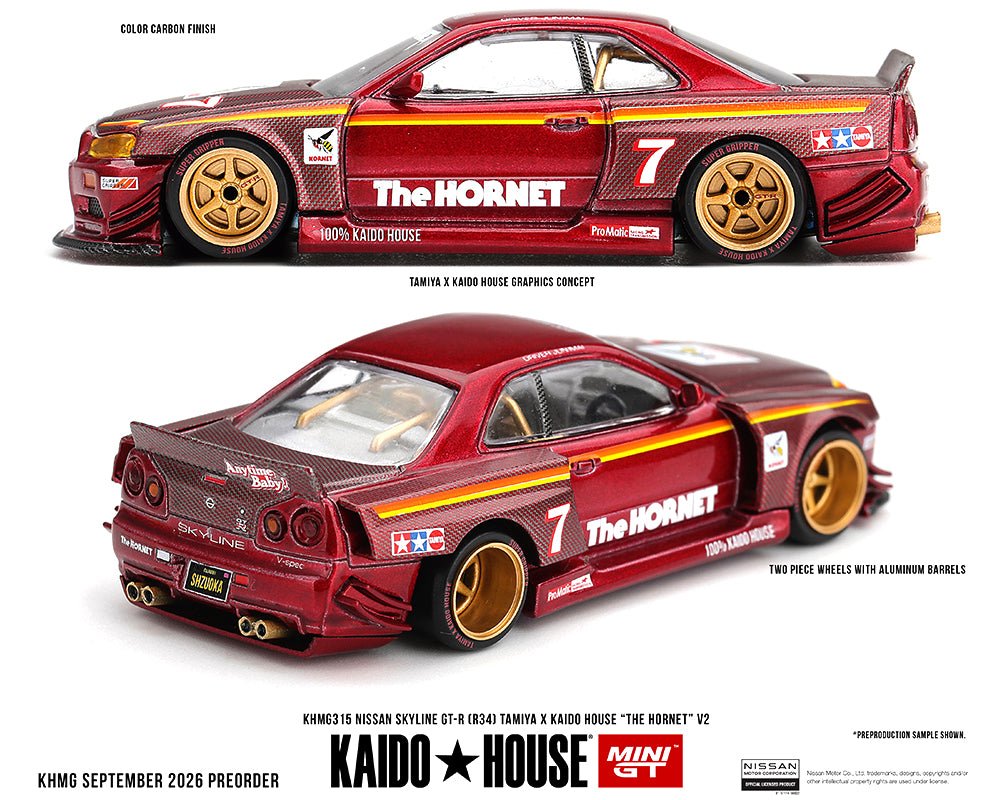 (Preorder) Kaido House x Mini GT Nissan Skyline GT-R (R34) TAMIYA x KAIDO HOUSE “The Hornet” V2 – M. Red Carbon - Jw Diecast