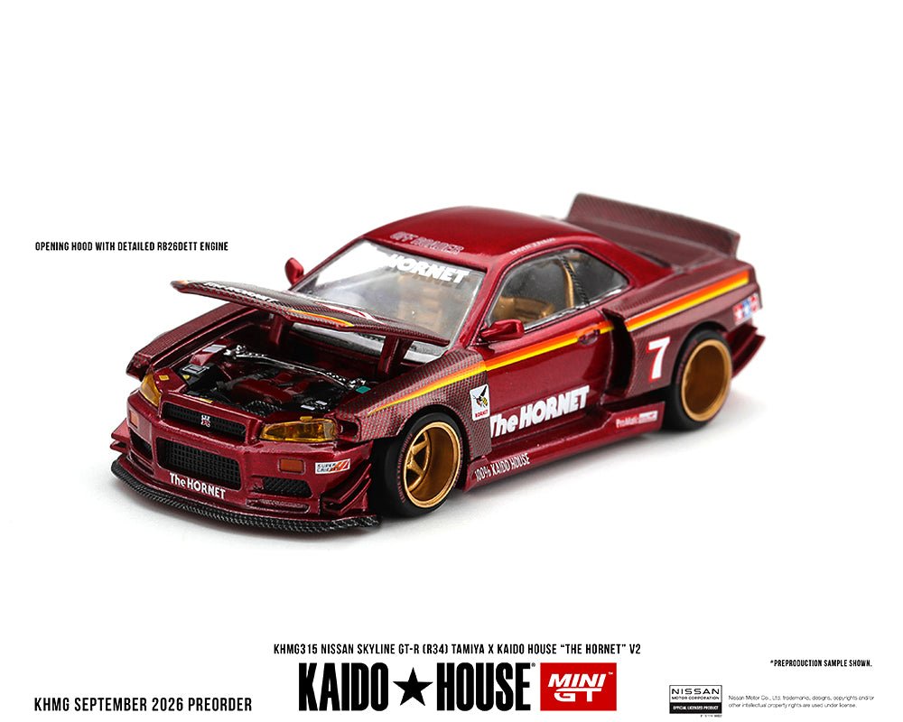 (Preorder) Kaido House x Mini GT Nissan Skyline GT-R (R34) TAMIYA x KAIDO HOUSE “The Hornet” V2 – M. Red Carbon - Jw Diecast