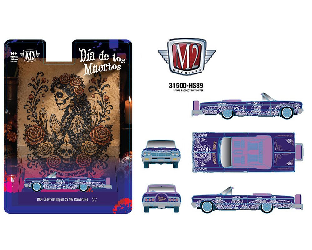 (Preorder) M2 Machines 1:64 1964 Chevrolet Impala SS 409 Convertible “Dia De Los Muertos” – Purple – Hobby Exclusive - Jw Diecast