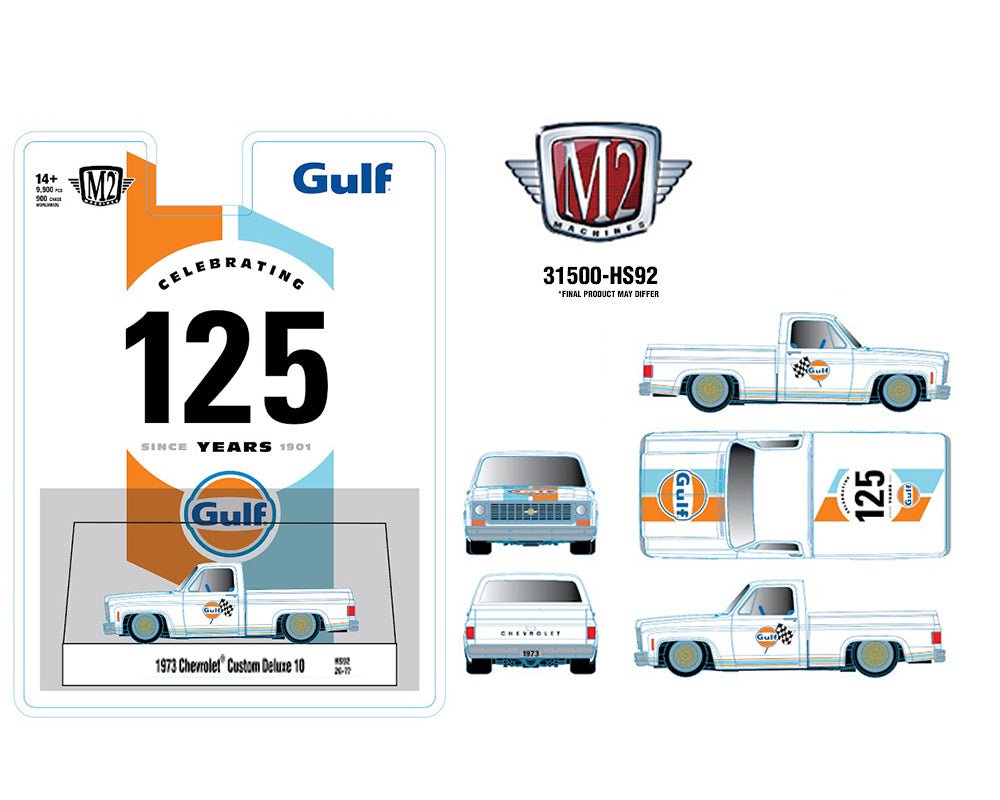 (Preorder) M2 Machines 1:64 1973 Chevrolet Custom Deluxe 10 “GULF” – White – Hobby Exclusive - Jw Diecast