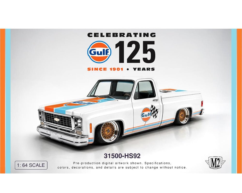 (Preorder) M2 Machines 1:64 1973 Chevrolet Custom Deluxe 10 “GULF” – White – Hobby Exclusive - Jw Diecast