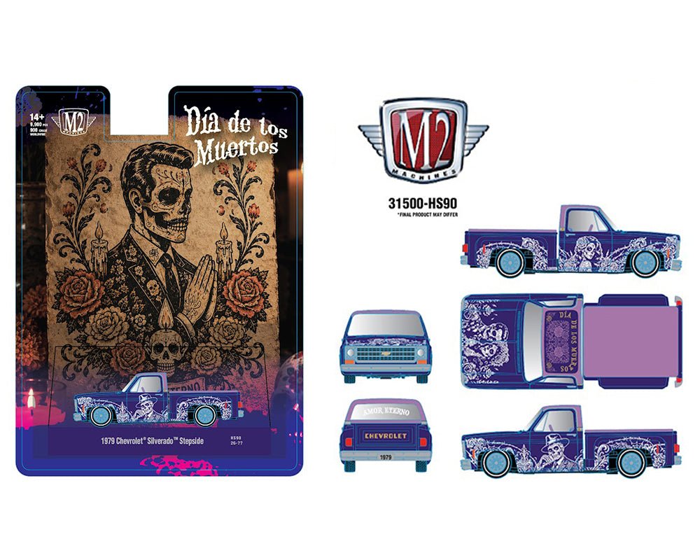 (Preorder) M2 Machines 1:64 1979 Chevrolet Silverado Stepside “Dia De Los Muertos” – Purple – Hobby Exclusive - Jw Diecast
