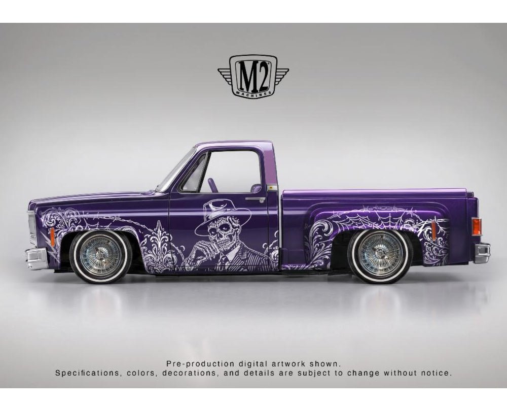 (Preorder) M2 Machines 1:64 1979 Chevrolet Silverado Stepside “Dia De Los Muertos” – Purple – Hobby Exclusive - Jw Diecast