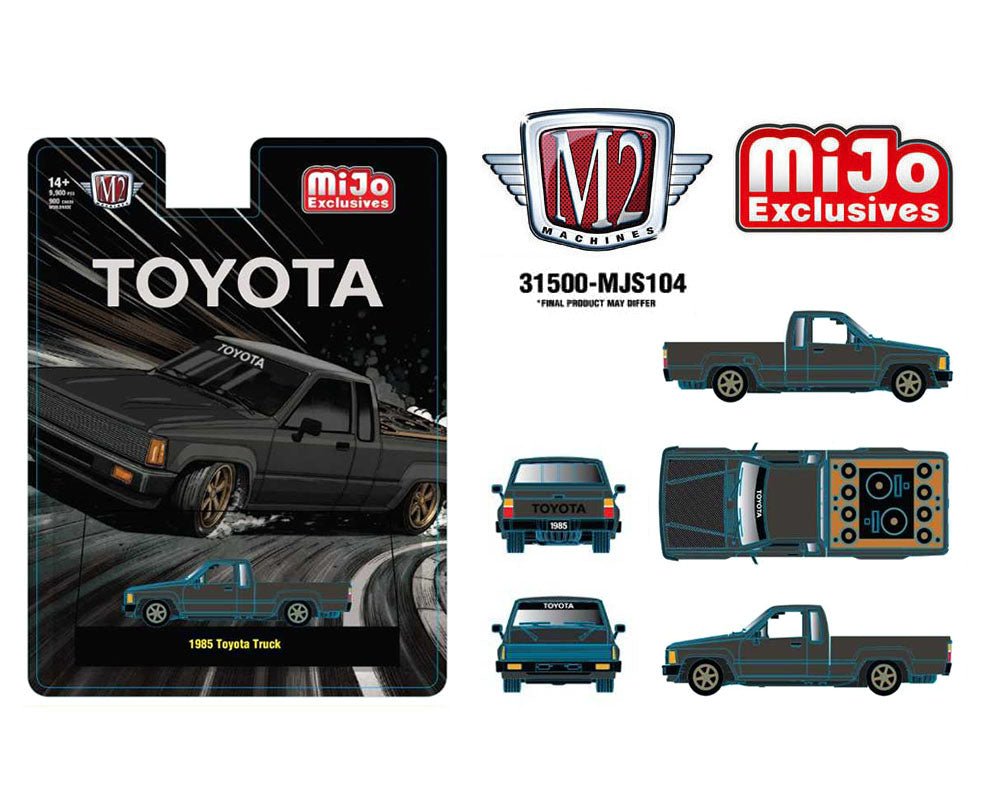 (Preorder) M2 Machines 1:64 1985 Toyota Pickup Truck Slammed Custom – Matte Grey w/ Carbon Hood – MiJo Exclusives - Jw Diecast