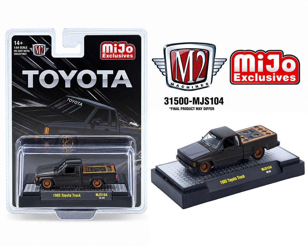 (Preorder) M2 Machines 1:64 1985 Toyota Pickup Truck Slammed Custom – Matte Grey w/ Carbon Hood – MiJo Exclusives - Jw Diecast