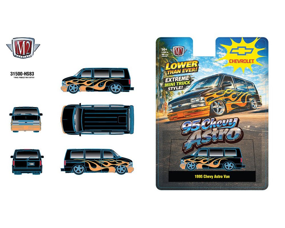 (Preorder) M2 Machines 1:64 1995 Chevrolet Astro Van – Black with Flames – Hobby Exclusive - Jw Diecast