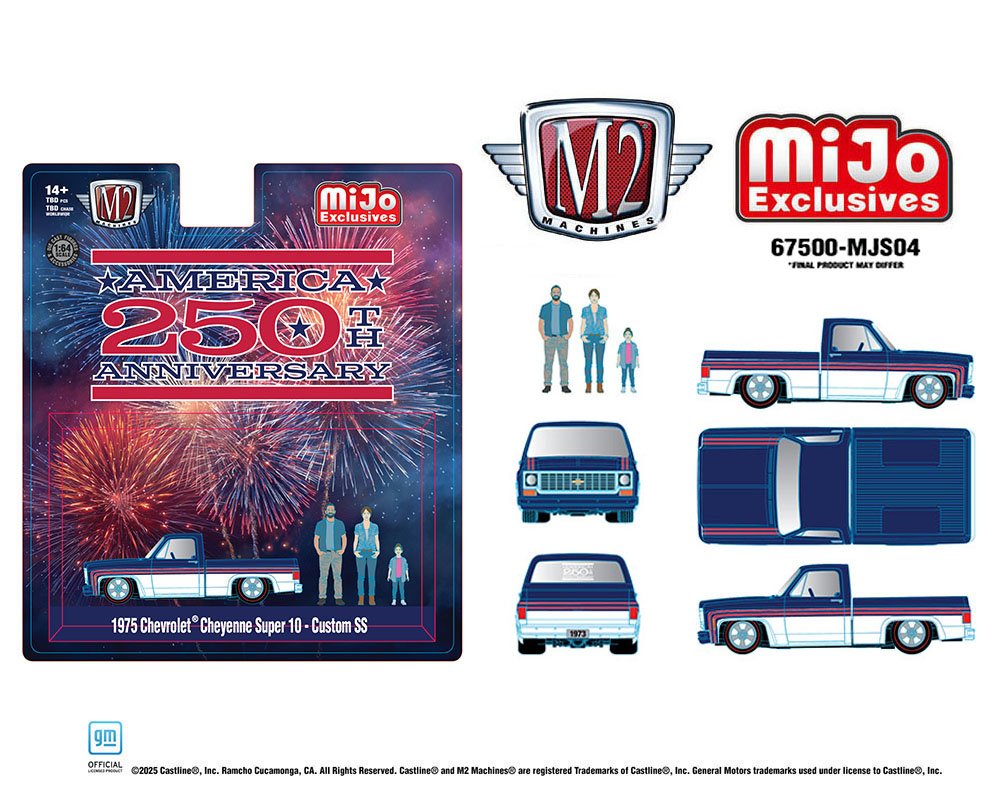 (Preorder) M2 Machines 1:64 Diorama Series 1975 Chevrolet Cheyenne Super 10 Custom 250th America Anniversary with Family Figures – Mijo Exclusives - Jw Diecast