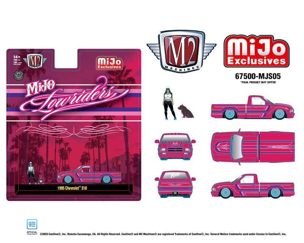 (Preorder) M2 Machines 1:64 Diorama Series 1995 Chevrolet S10 Lowriders with Girl & Pitbull Dog Figures – Pink – Mijo Exclusives - Jw Diecast