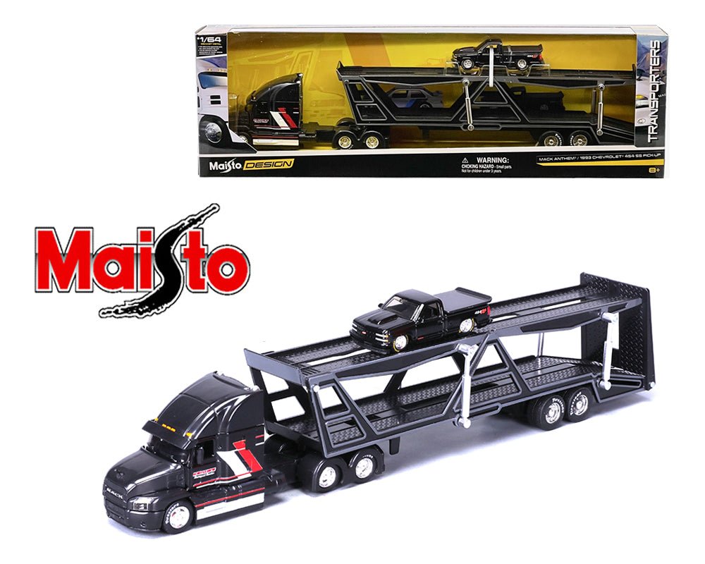 (Preorder) Maisto 1:64 Mack Transporter Open Trailer w/ 1993 Chevrolet 454 SS Pickup – Black – Design Transporters - Jw Diecast