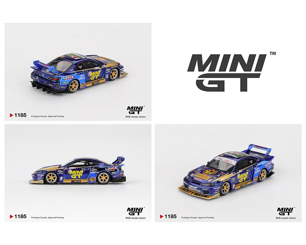 (Preorder) Mini GT 1:64 Nissan LB - Super Silhouette S15 SILVIA 555 Team MINI GT Liberty Walk 2025 Formula Drift Halloween Special – Chrome Blue - Jw Diecast